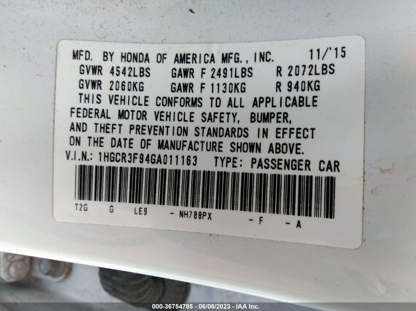 2016 HONDA ACCORD SEDAN TOURING - 1HGCR3F94GA011163