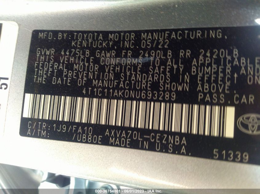 2022 TOYOTA CAMRY LE - 4T1C11AK0NU693289