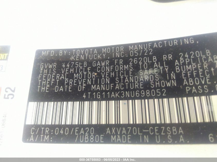 2022 TOYOTA CAMRY SE - 4T1G11AK3NU698052