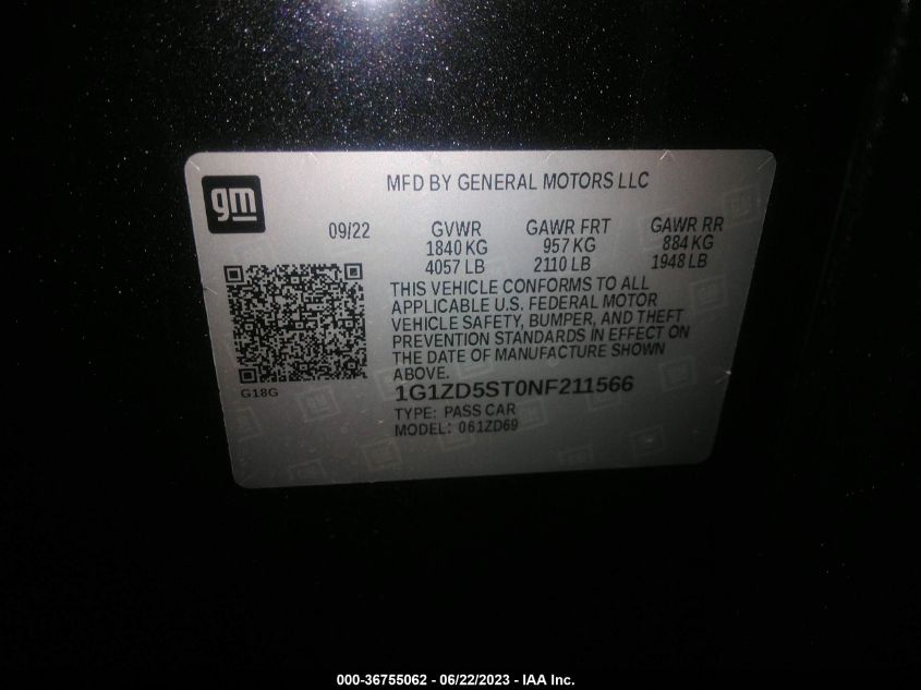 2022 CHEVROLET MALIBU LT - 1G1ZD5ST0NF211566