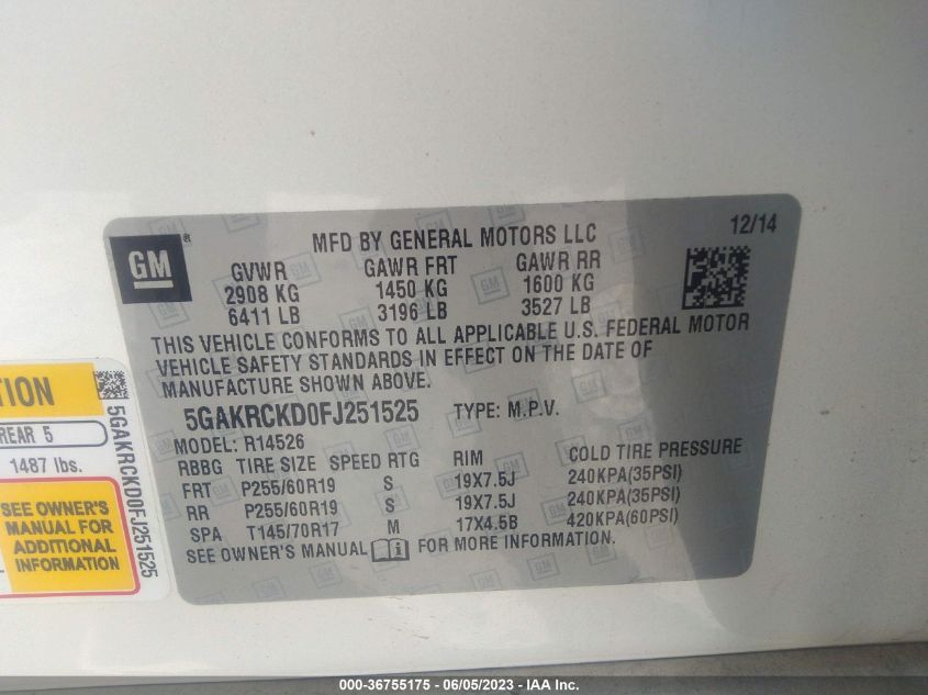 2015 BUICK ENCLAVE PREMIUM - 5GAKRCKD0FJ251525