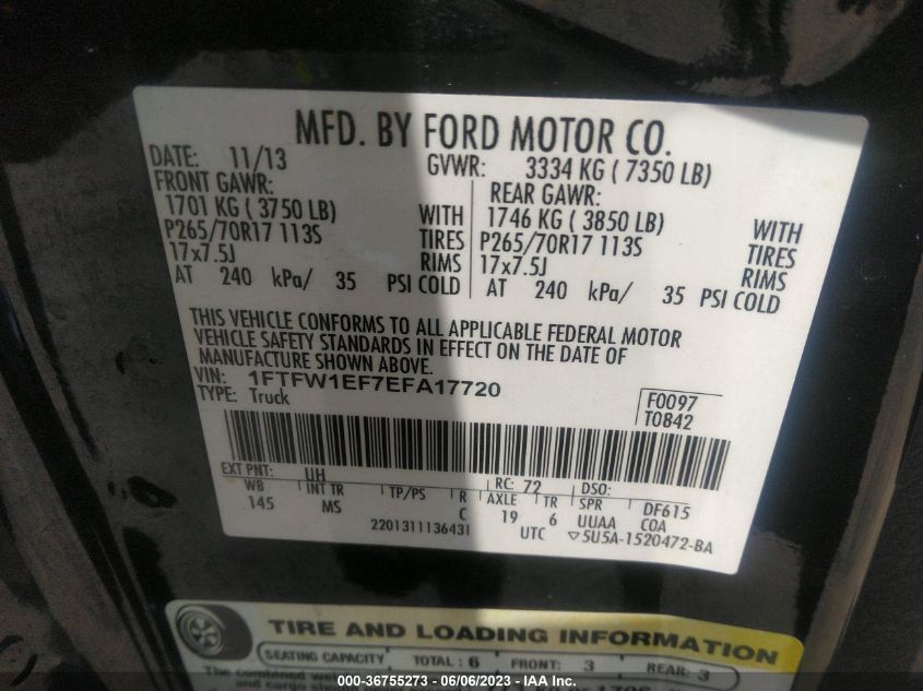 2014 FORD F-150 XL/XLT/STX/FX4/LARIAT - 1FTFW1EF7EFA17720