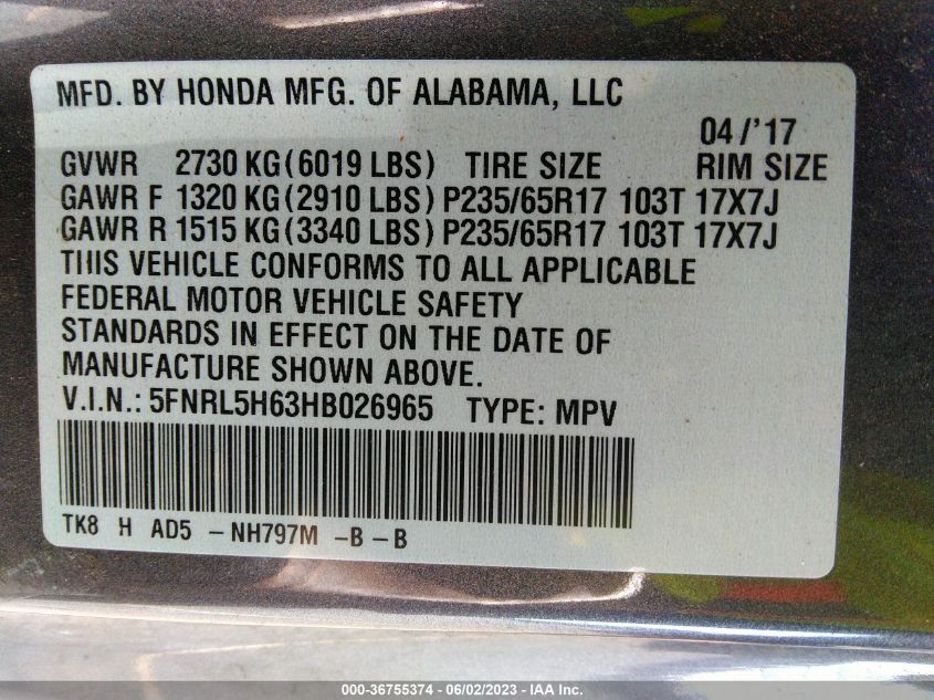 2017 HONDA ODYSSEY EX-L - 5FNRL5H63HB026965
