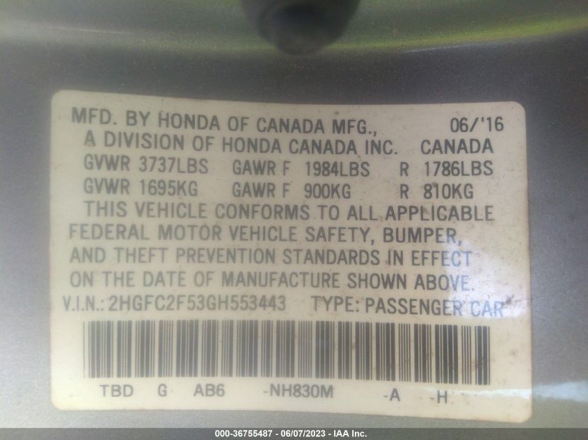 2016 HONDA CIVIC SEDAN LX - 2HGFC2F53GH553443