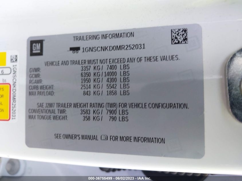 2021 CHEVROLET TAHOE LT - 1GNSCNKD0MR252031