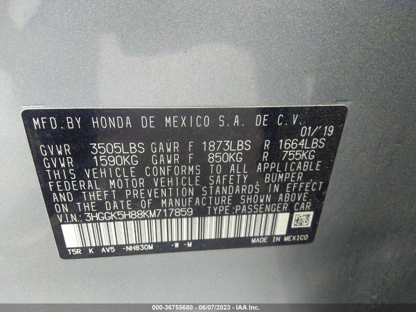 2019 HONDA FIT EX - 3HGGK5H88KM717859