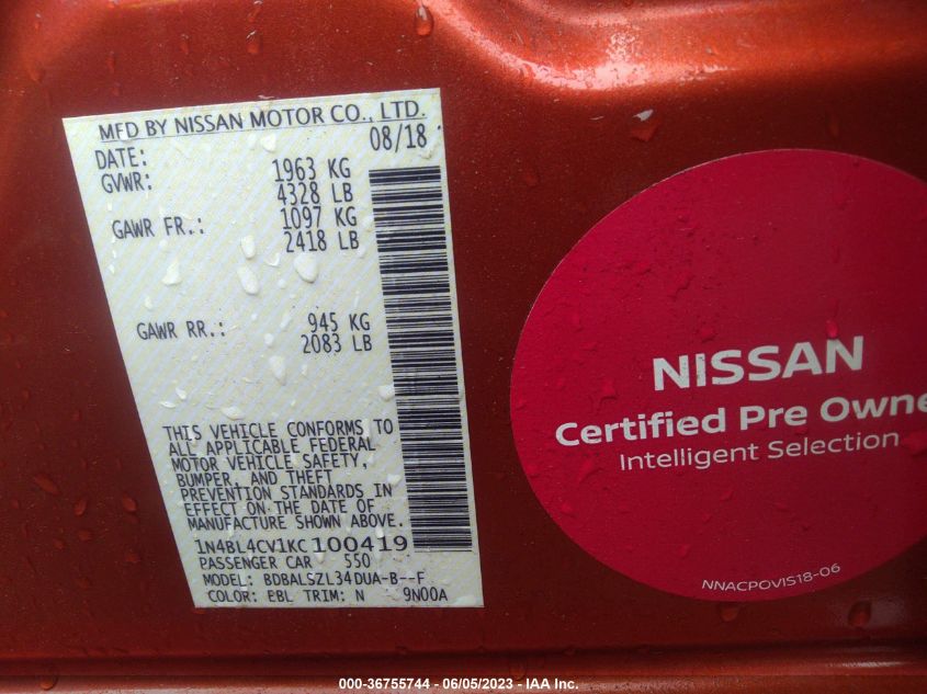 2019 NISSAN ALTIMA 2.5 SR - 1N4BL4CV1KC100419