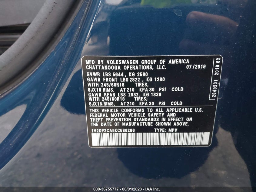 VIN 1V2DP2CA5KC586286 2019 VOLKSWAGEN ATLAS 2.0T SE