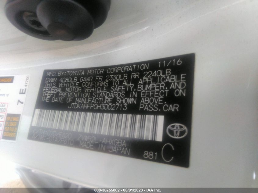 2017 TOYOTA PRIUS PRIME PLUS/PREMIUM/ADVANCED - JTDKARFP0H3002713