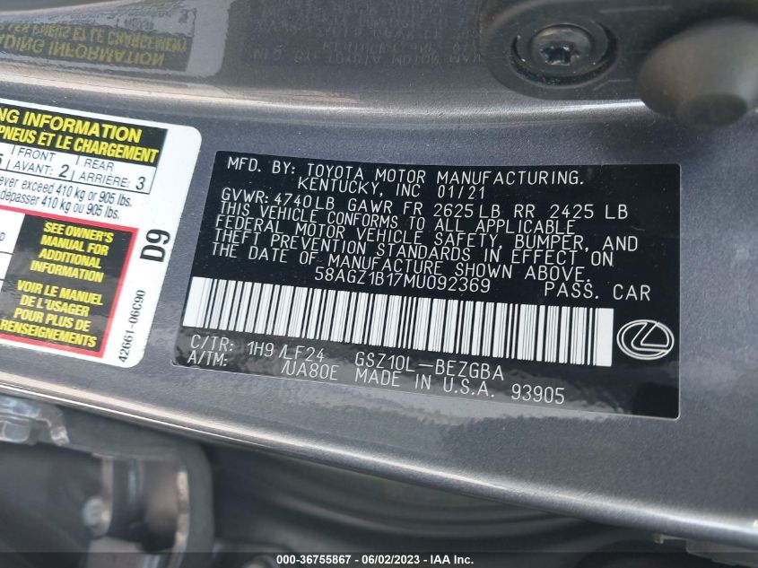 2021 LEXUS ES ES 350 F SPORT - 58AGZ1B17MU092369