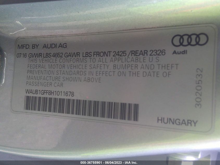 2017 AUDI S3 PREMIUM PLUS - WAUB1GFF8H1011678