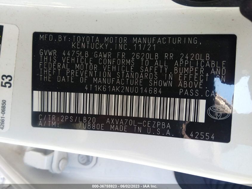 2022 TOYOTA CAMRY XSE - 4T1K61AK2NU014684