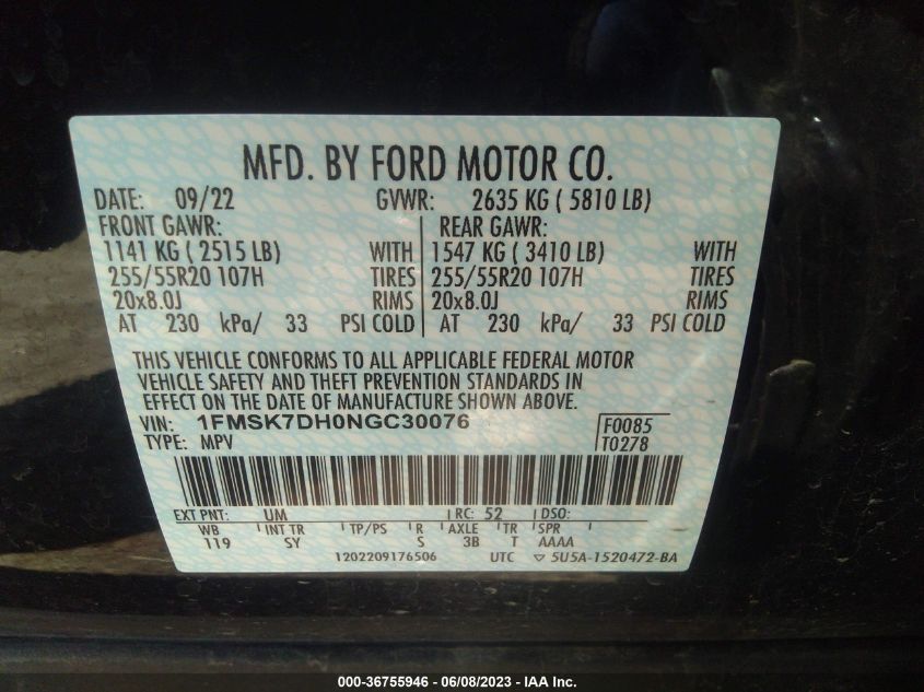 2022 FORD EXPLORER XLT - 1FMSK7DH0NGC30076