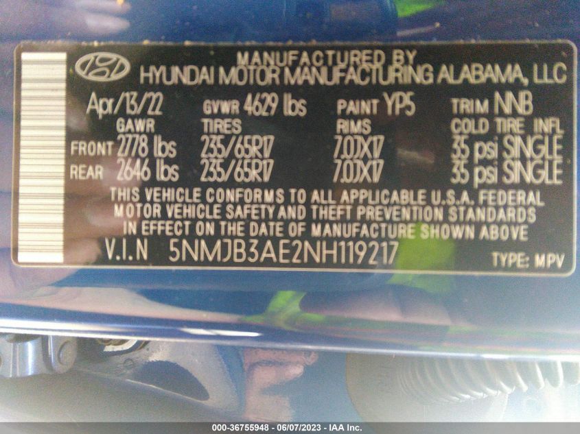 2022 HYUNDAI TUCSON SEL - 5NMJB3AE2NH119217