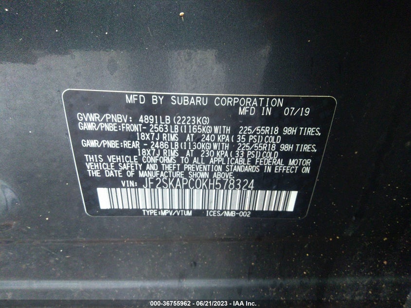 VIN JF2SKAPC0KH578324 2019 SUBARU FORESTER SPORT