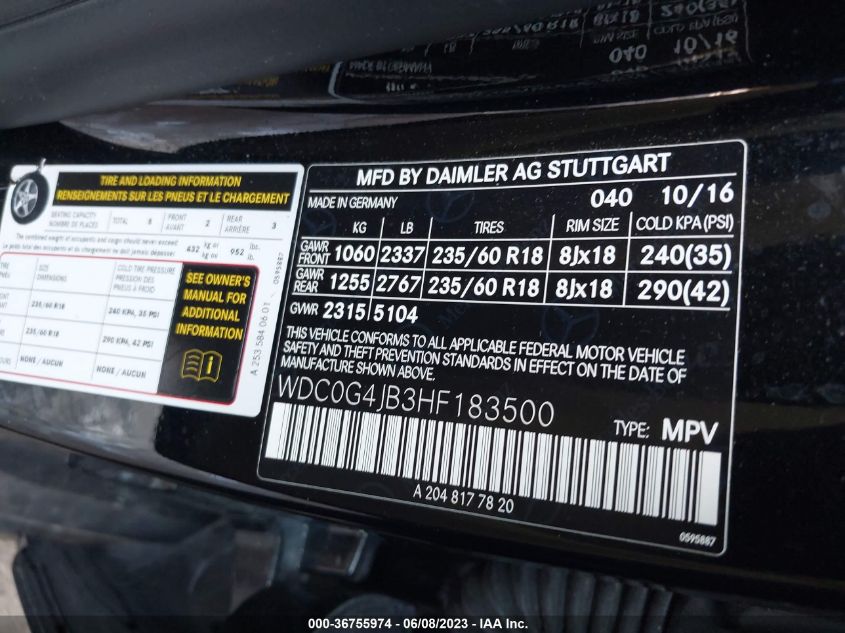 2017 MERCEDES-BENZ GLC GLC 300 - WDC0G4JB3HF183500