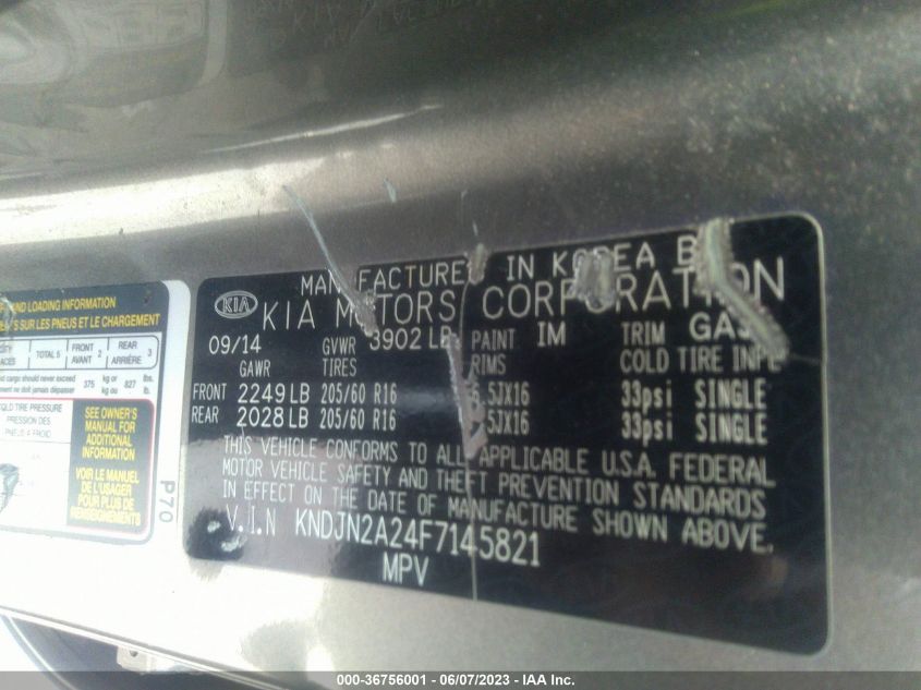 2015 KIA SOUL BASE - KNDJN2A24F7145821