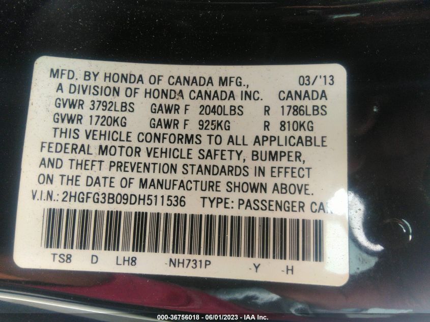 2013 HONDA CIVIC CPE EX-L 2HGFG3B09DH511536