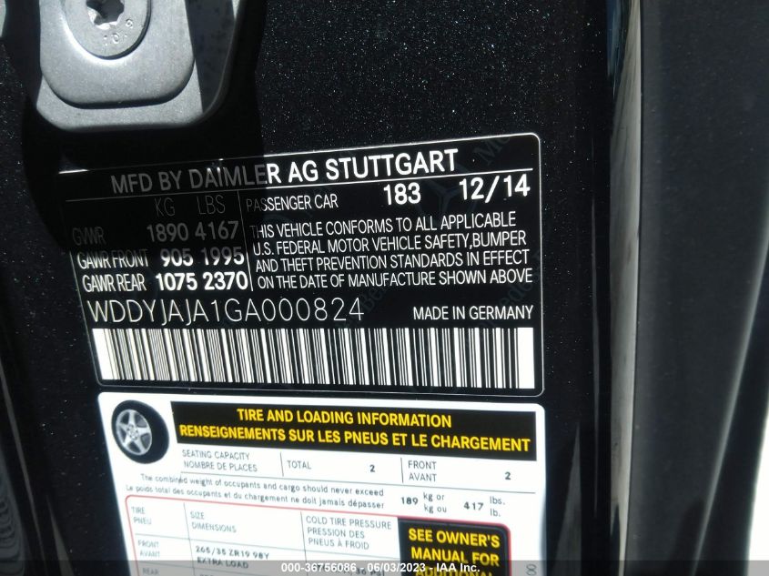 2016 MERCEDES-BENZ AMG GT S WDDYJAJA1GA000824