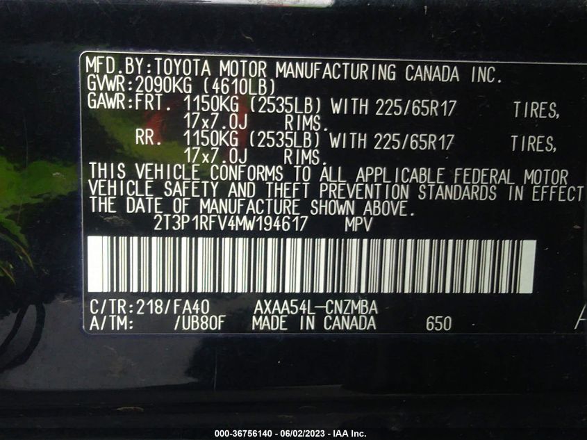 2021 TOYOTA RAV4 XLE - 2T3P1RFV4MW194617