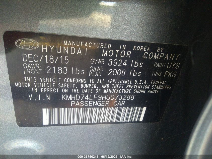 2017 HYUNDAI ELANTRA SE KMHD74LF9HU073288