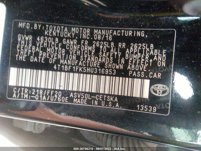 2017 TOYOTA CAMRY SE - 4T1BF1FK5HU316953