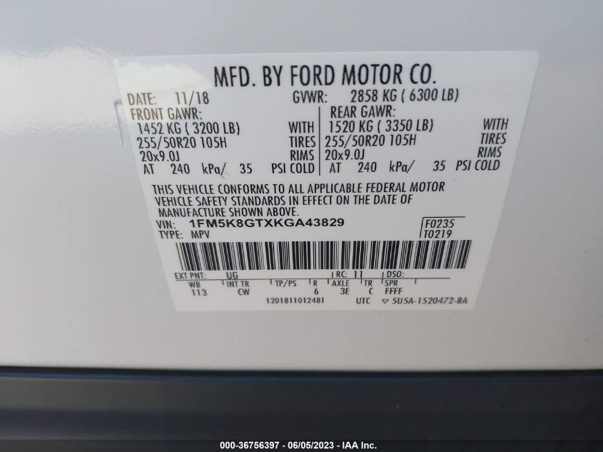 2019 FORD EXPLORER SPORT - 1FM5K8GTXKGA43829