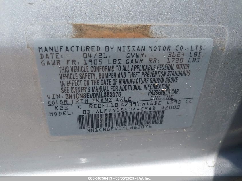 2021 NISSAN VERSA SV - 3N1CN8EV0ML883076