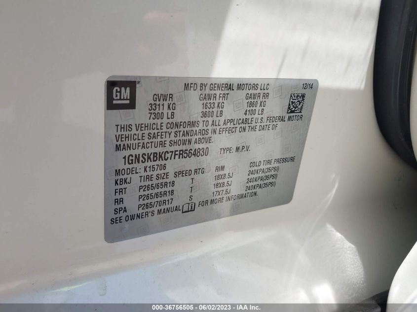 2015 CHEVROLET TAHOE LT - 1GNSKBKC7FR564830