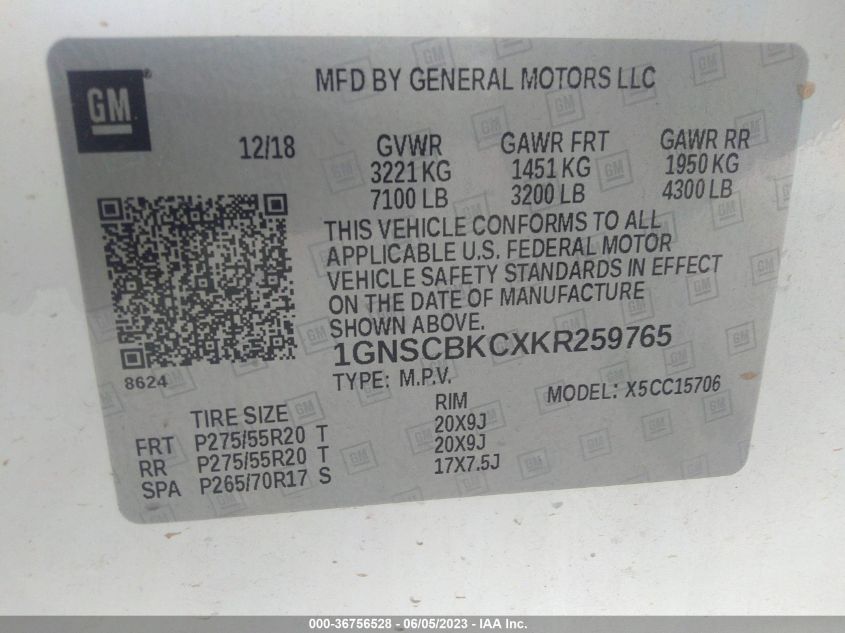 2019 CHEVROLET TAHOE LT - 1GNSCBKCXKR259765