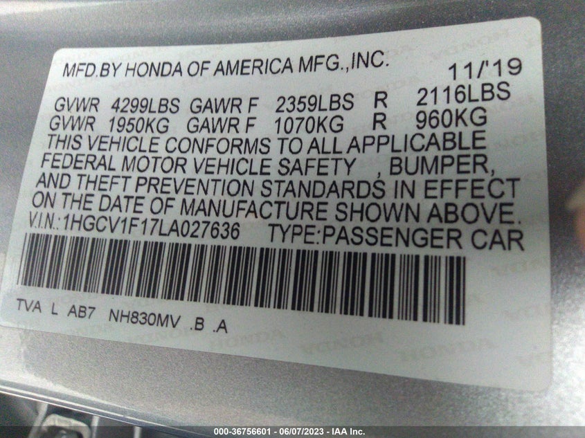 VIN 1HGCV1F17LA027636 2020 HONDA ACCORD SEDAN LX