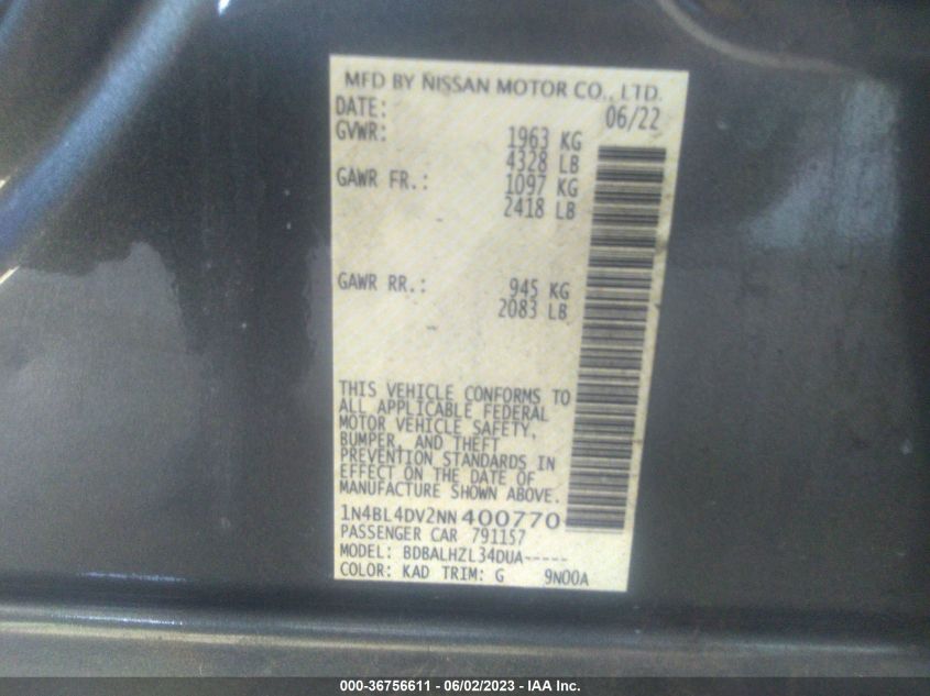 2022 NISSAN ALTIMA 2.5 SV - 1N4BL4DV2NN400770