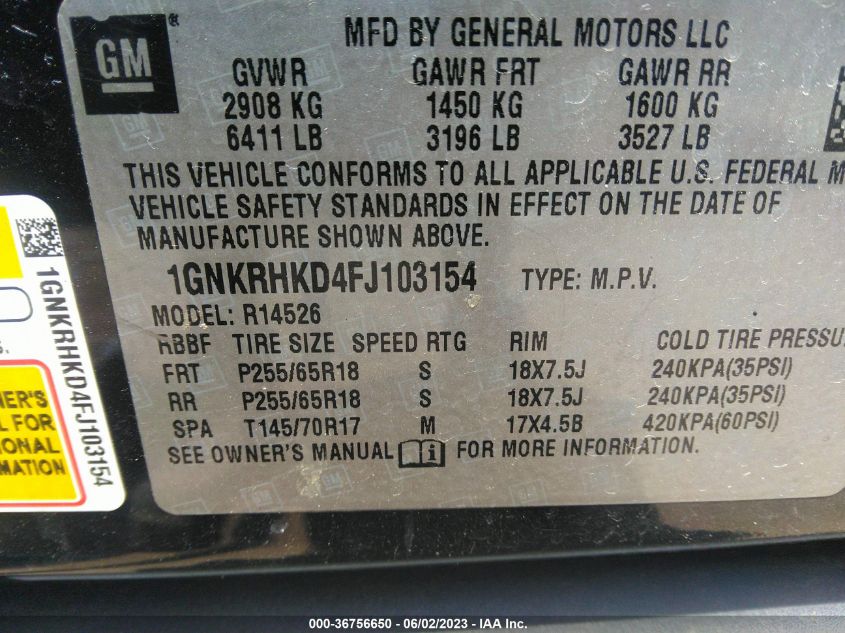 2015 CHEVROLET TRAVERSE LT - 1GNKRHKD4FJ103154