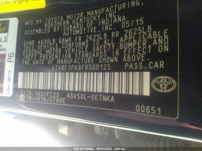 2015 TOYOTA CAMRY XLE/SE/LE/XSE - 4T4BF1FK8FR500125