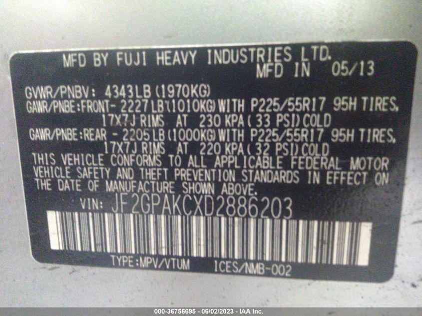 2013 SUBARU XV CROSSTREK LIMITED - JF2GPAKCXD2886203