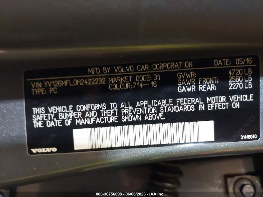 2017 VOLVO S60 DYNAMIC - YV126MFL0H2422232