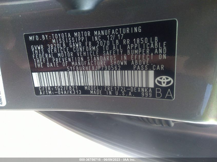 2018 TOYOTA COROLLA L/LE/XLE/SE/XSE - 5YFBURHEXJP790562