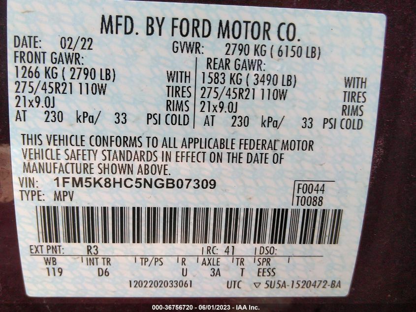 2022 FORD EXPLORER PLATINUM - 1FM5K8HC5NGB07309