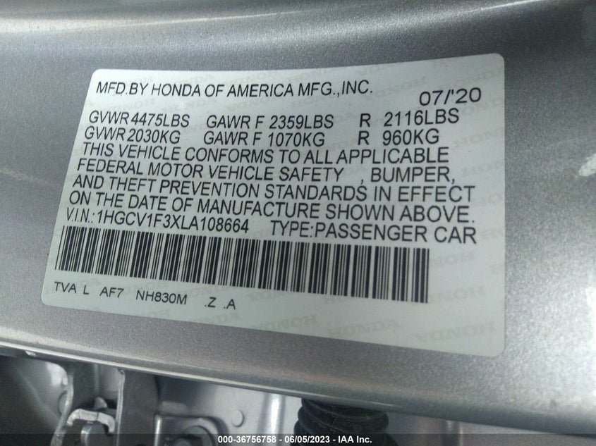 VIN 1HGCV1F3XLA108664 2020 HONDA ACCORD SEDAN SPORT