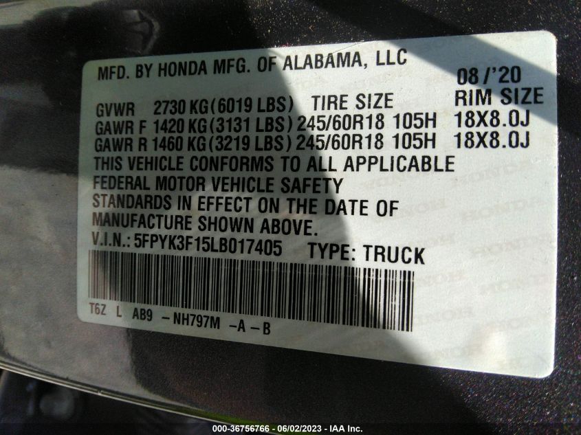 2020 HONDA RIDGELINE SPORT - 5FPYK3F15LB017405