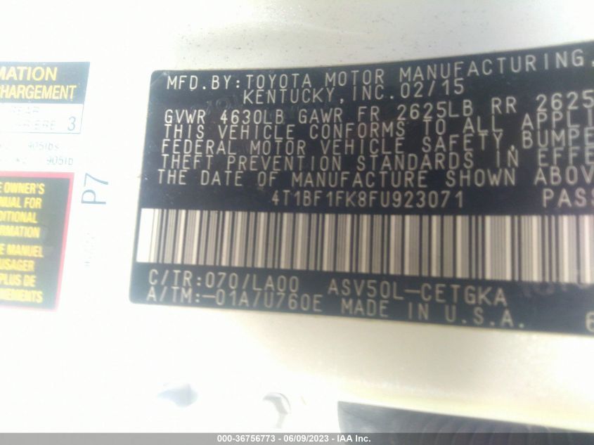 2015 TOYOTA CAMRY XLE/SE/LE/XSE - 4T1BF1FK8FU923071