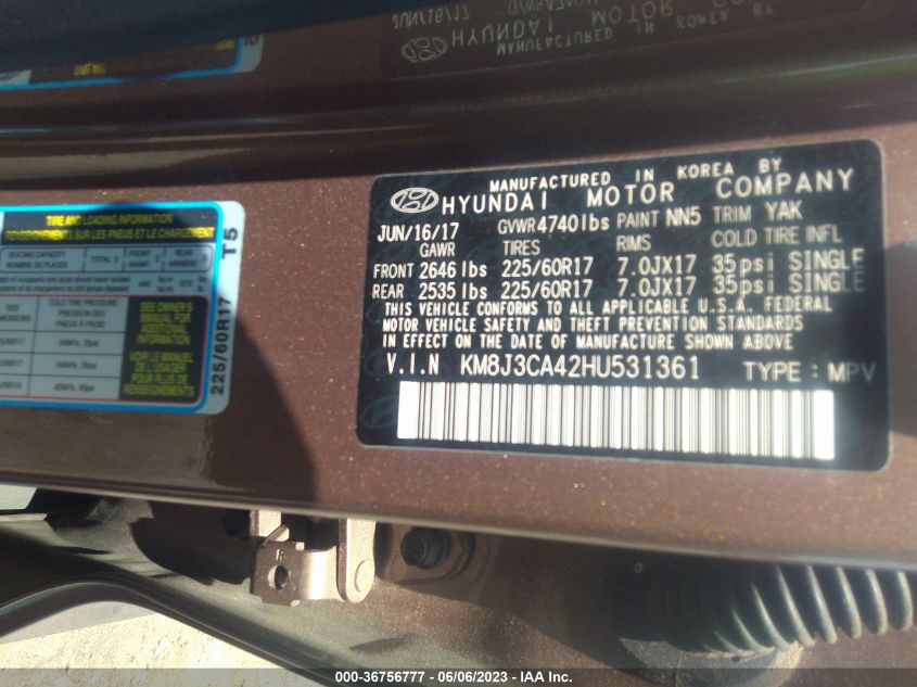 2017 HYUNDAI TUCSON LIMITED/SPORT AND ECO/SE - KM8J3CA42HU531361