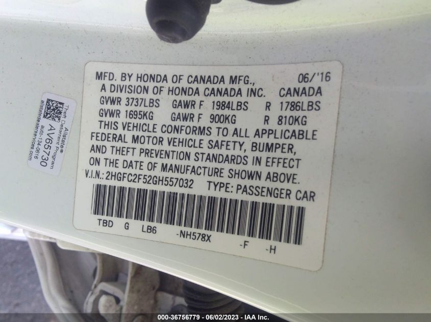 2016 HONDA CIVIC SEDAN LX - 2HGFC2F52GH557032