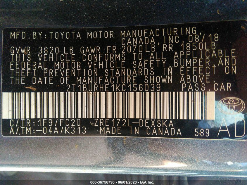 2019 TOYOTA COROLLA L/LE/SE/XLE/XSE - 2T1BURHE1KC156039