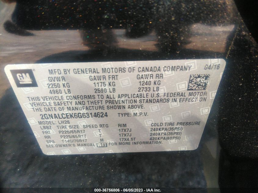 2016 CHEVROLET EQUINOX LT - 2GNALCEK6G6314624