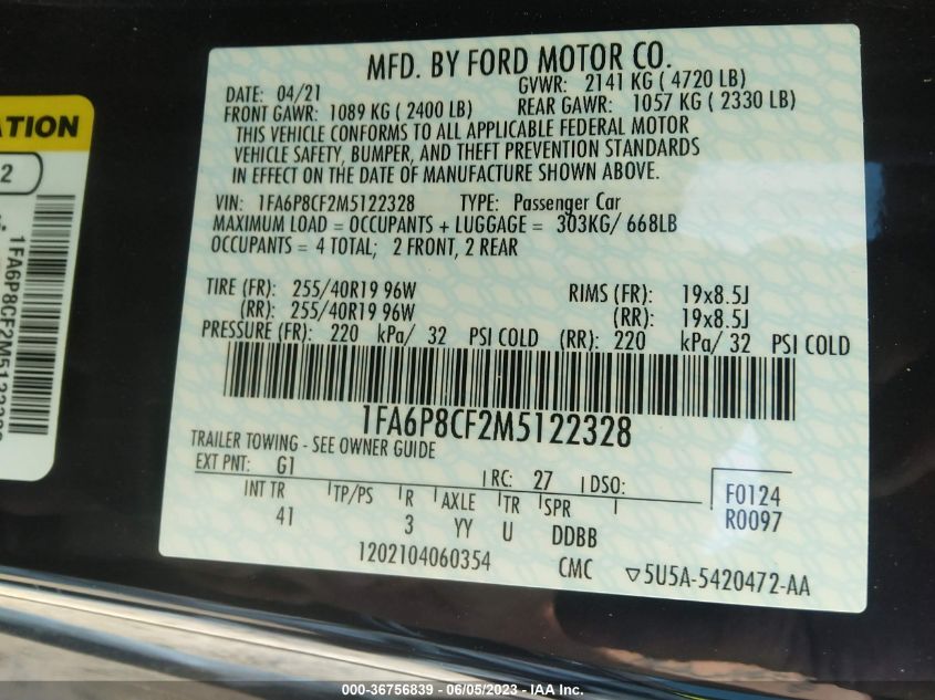 2021 FORD MUSTANG GT - 1FA6P8CF2M5122328