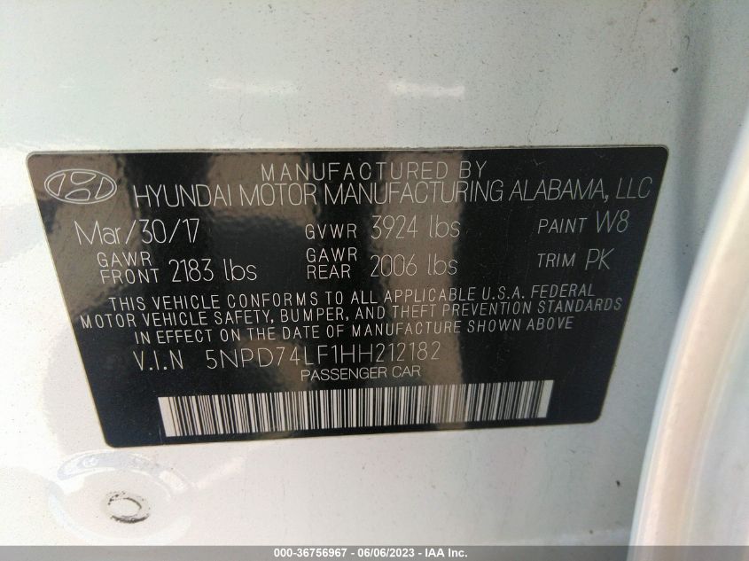2017 HYUNDAI ELANTRA SE - 5NPD74LF1HH212182