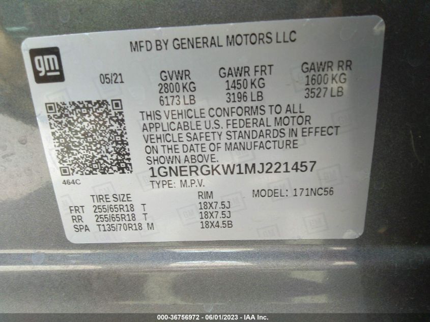 2021 CHEVROLET TRAVERSE LT CLOTH - 1GNERGKW1MJ221457