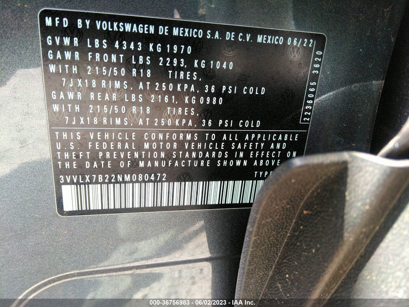 VIN 3VVLX7B22NM080472 2022 VOLKSWAGEN TAOS SE