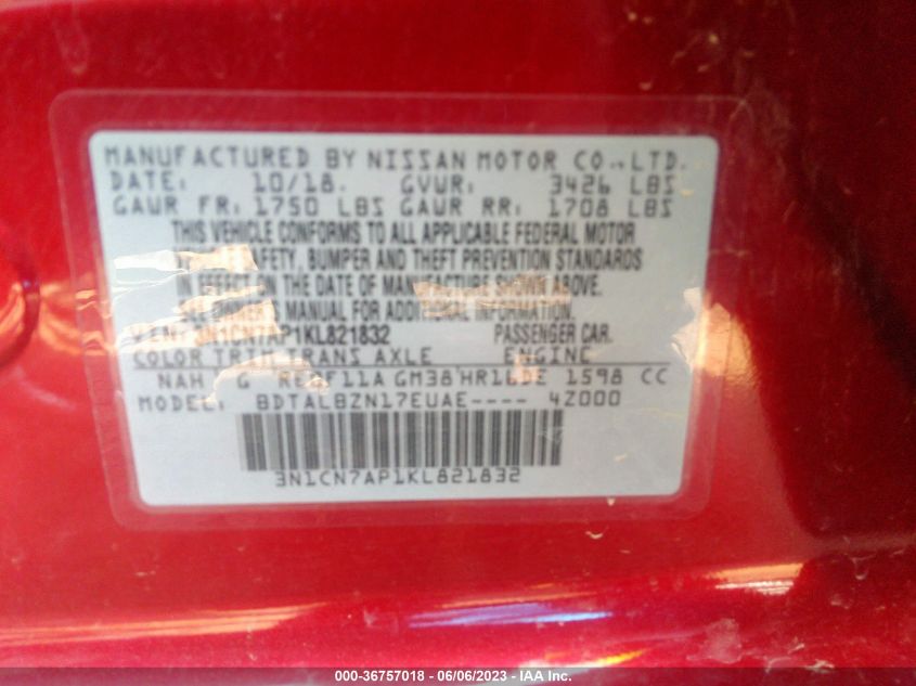 2019 NISSAN VERSA SEDAN SV - 3N1CN7AP1KL821832